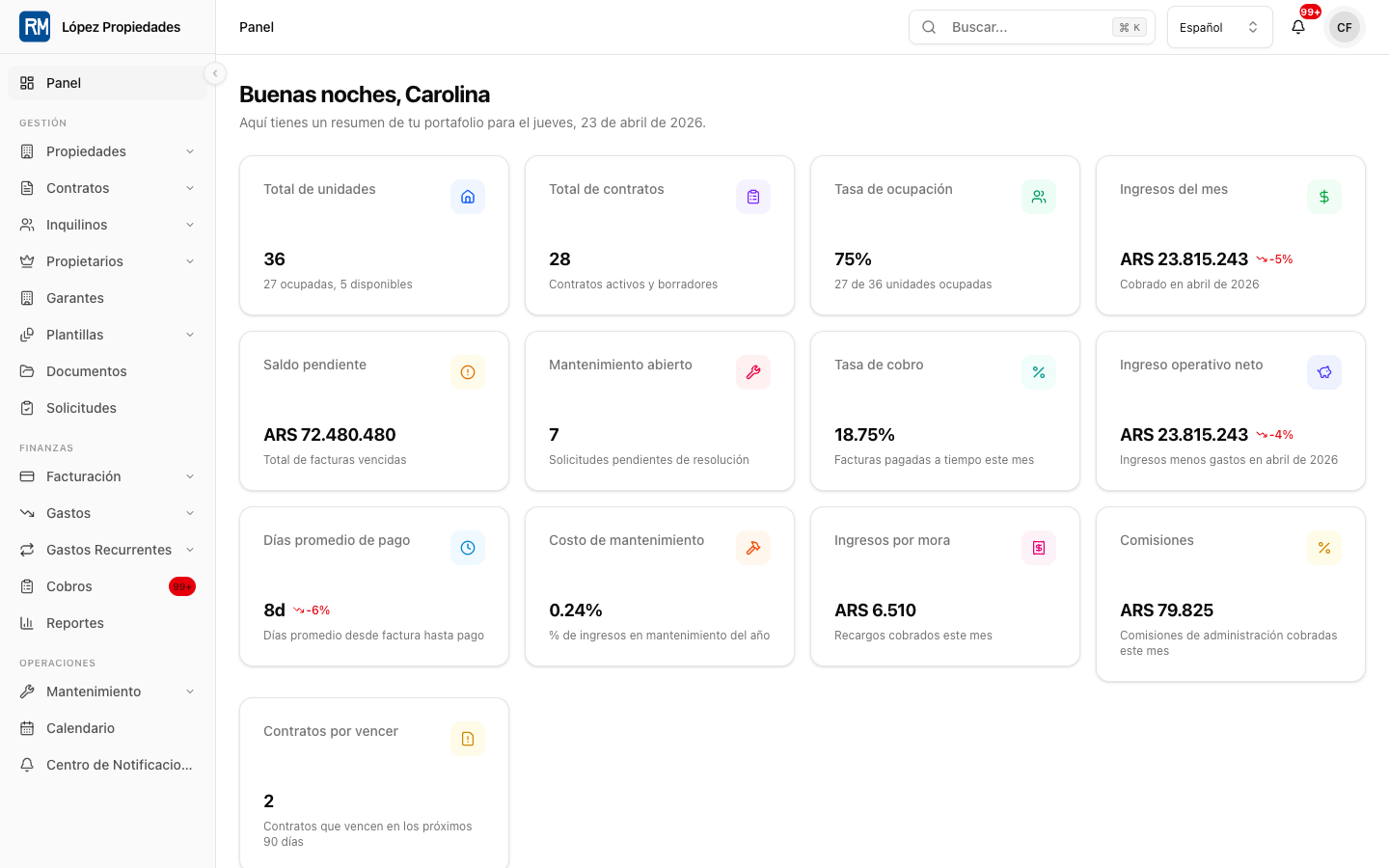 Renteric dashboard with portfolio health, income, occupancy, collections, and maintenance cards.