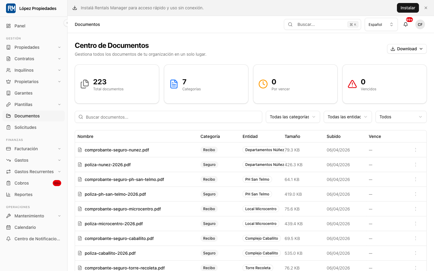 Documents area for templates, leases, receipts, signatures, and operational files.