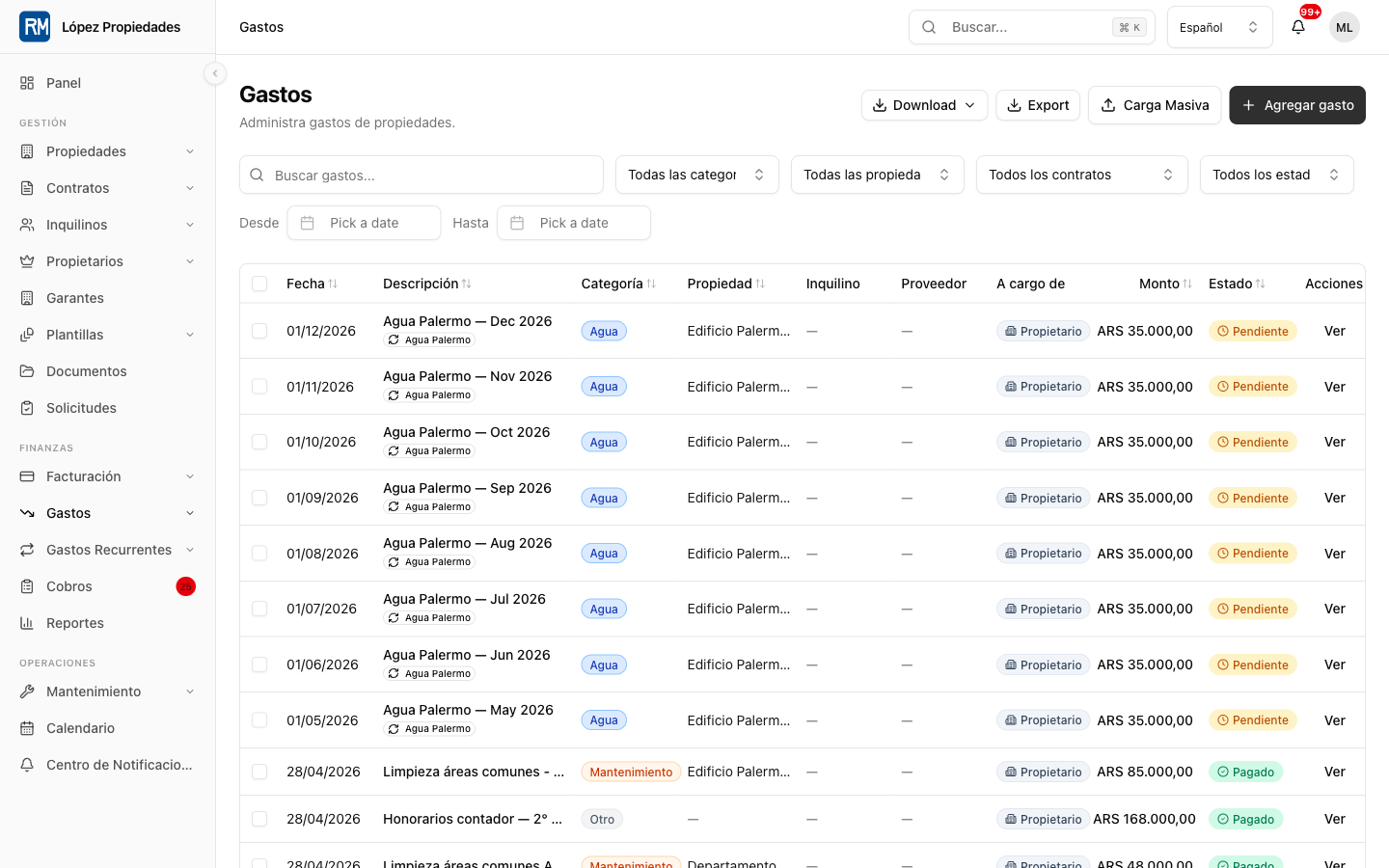 Expenses workspace for recording costs, reviewing receipts, and tracking property spending.