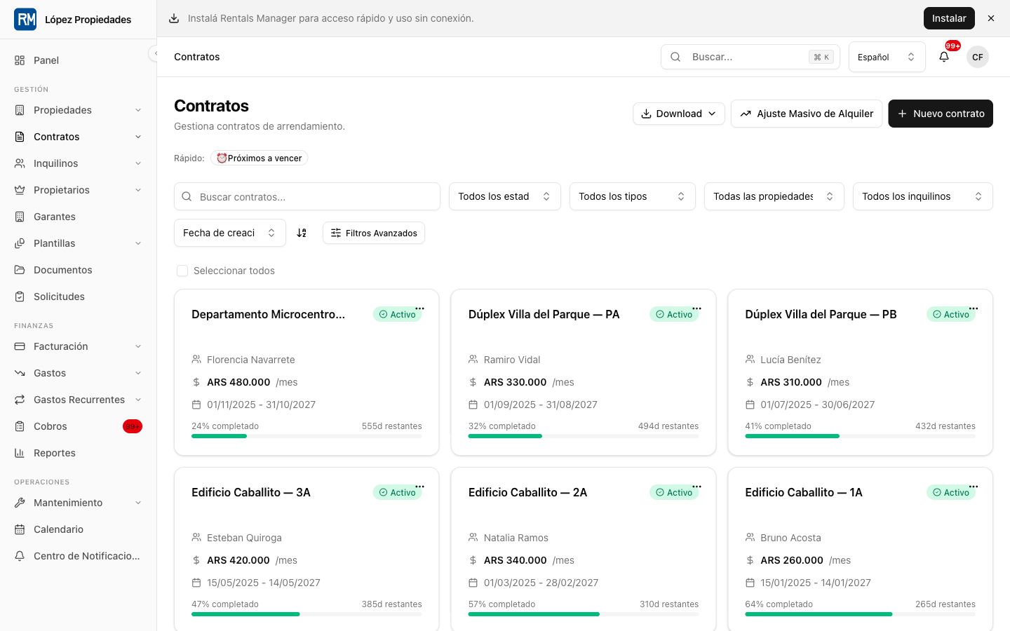 Lease list with active contracts, tenant names, dates, status, and actions.