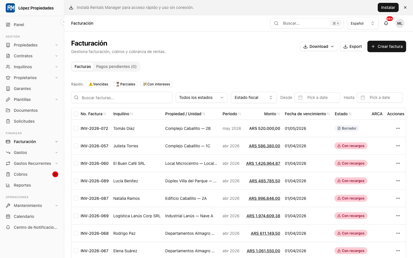 Payments list for reviewing invoices, collected rent, balances, and payment status.