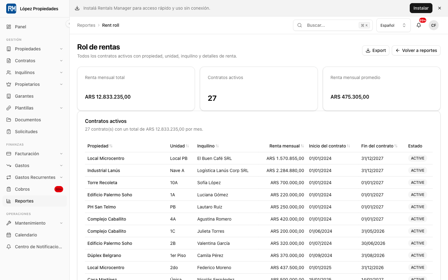 Rent roll report showing active contracts, monthly rent, tenant names, and lease dates.